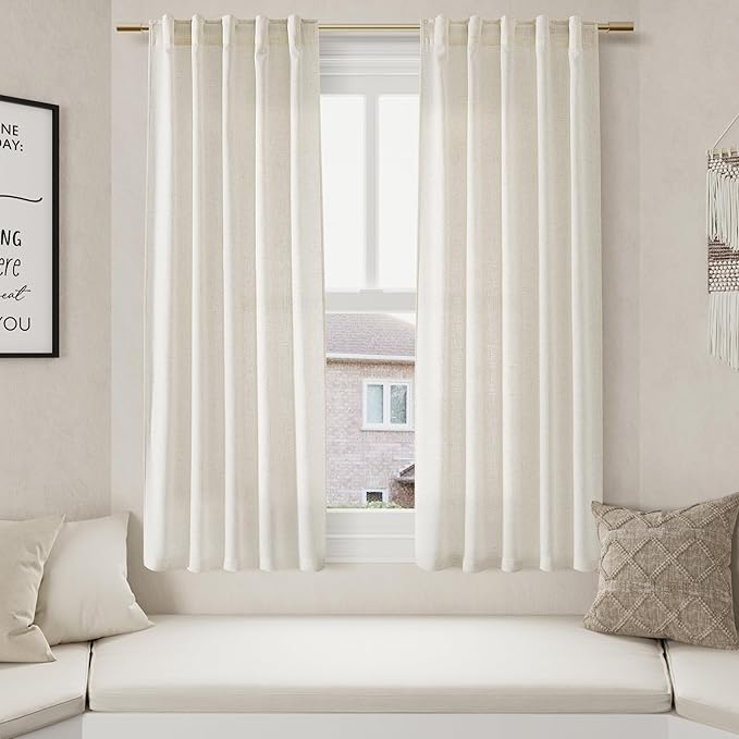 Nanspring Linen Curtains 63 Inch Length 2 Panels Set for Cafe Kitchen Cream Thermal Insulated Drapes with Back Tab Light Filtering Boho Farmhouse Curtain for Bedroom Living Room 40x63 Inch Natural