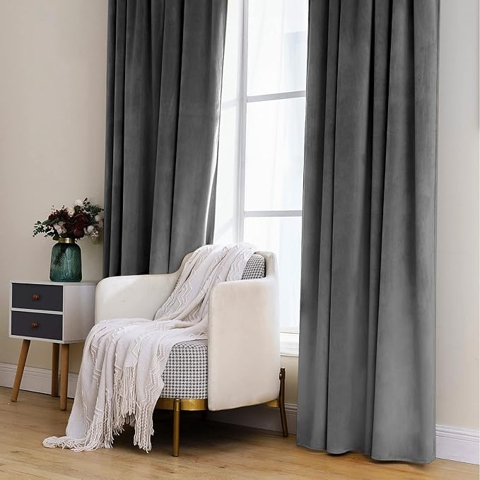 MIULEE Grey Velvet Curtains 84 inches 2 Panels - Luxury Blackout Curtains for Bedroom Living Room Thermal Insulated Super Soft Window Drapes Rod Pocket & Back Tab, W52 x L84 inches