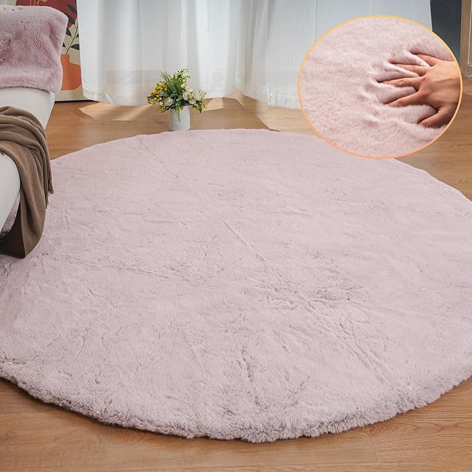ORINOVA Pink Boho Round Rugs 8ft Large Fluffy Machine Washable Fuzzy Fur Area Rugs for Living Room Plush Circle Sheepskin Rugs for Bedroom Nursery Rug