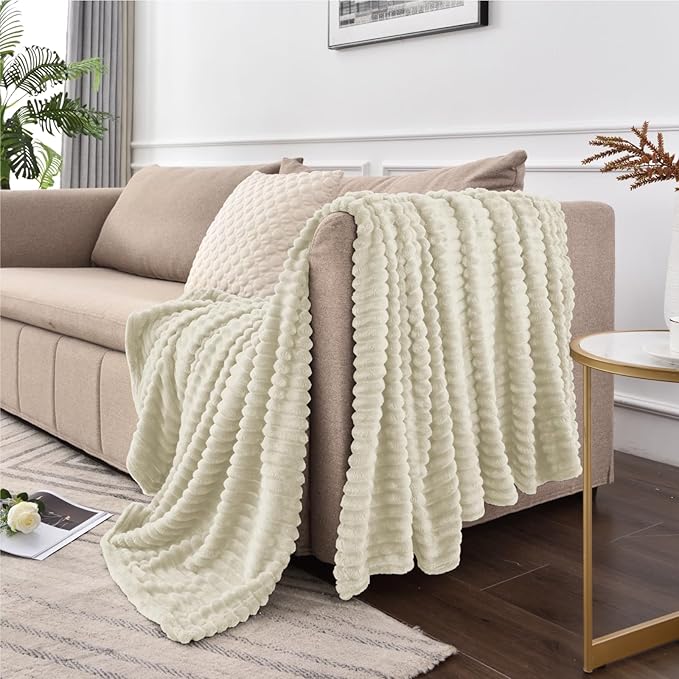 BEDELITE Fleece Throw Blanket for Couch – 3D Ribbed Jacquard Soft and Warm Decorative Fuzzy Blanket – Cozy, Fluffy, Plush Lightweight Beige Throw Blankets for Bed, Sofa, 50x60 inches