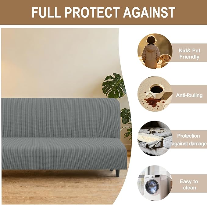 U-NICE HOME Stretch Futon Cover Armless Bed Slipcover - Soft Jacquard Fabric Washable for Pet Friendly, Grey