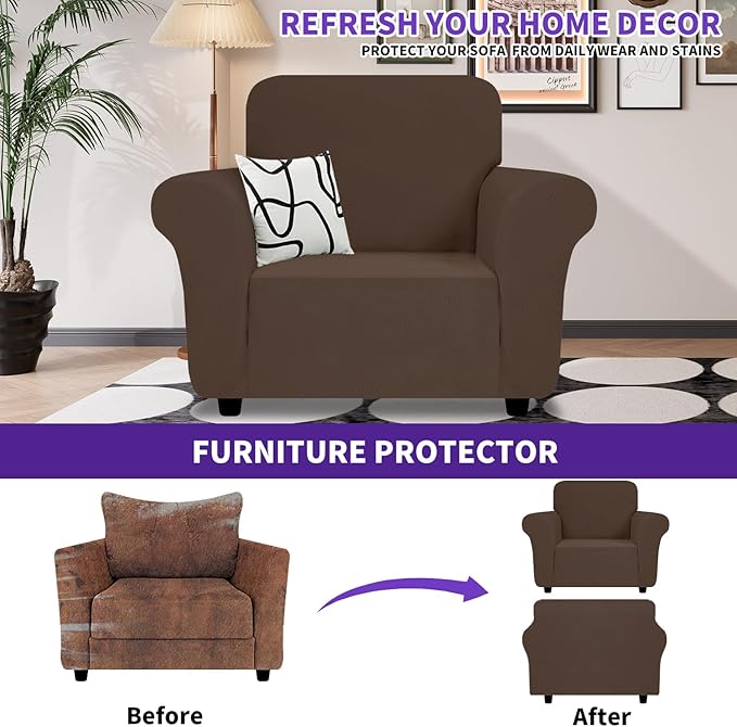 ZNSAYOTX Chair Cover with Arms (30"-47"), New Striped Sofa Chair Covers for Living Room, Dogs Pet Friendly Anti-Slip Chair Protector Spandex Armchair Slipcovers (Coffee, Chair)