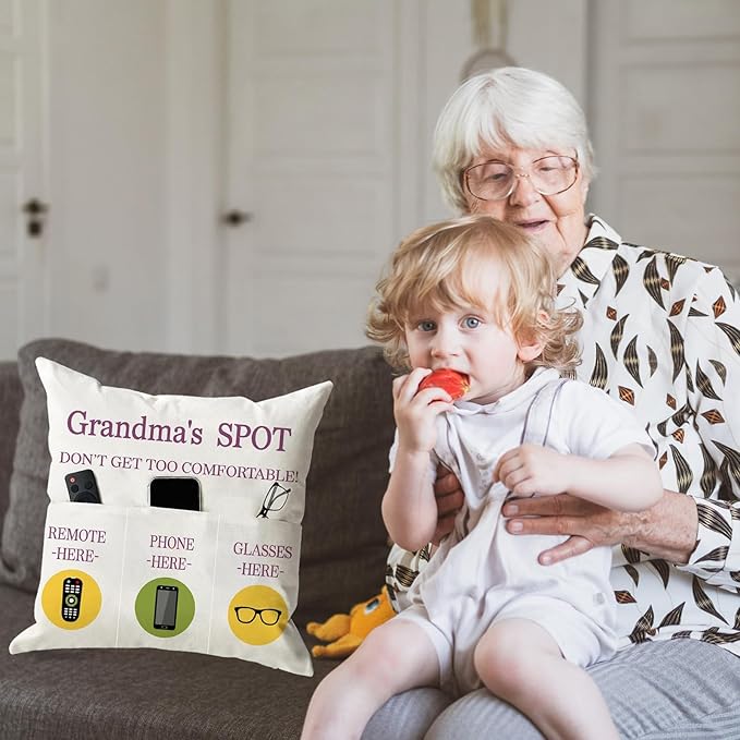 ONFAON Grandma Gifts, Grandma's Spot Throw Pillow Covers 18x18 Inch,Put Phone Glasses and Remote Control Pillowcase,Birthday Christmas Thanksgiving Day Gifts for Grandma Mom,3-Pocket