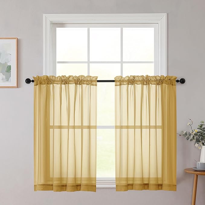Chyhomenyc Gold Sheer Curtains 36 inch Length 2 Panels Set, Light Filtering Voile Rod Pocket Short Window Curtians for Bathroom Living Room Farmhouse Small Windows, Each 42Wx36L in, 2PCS, Gold