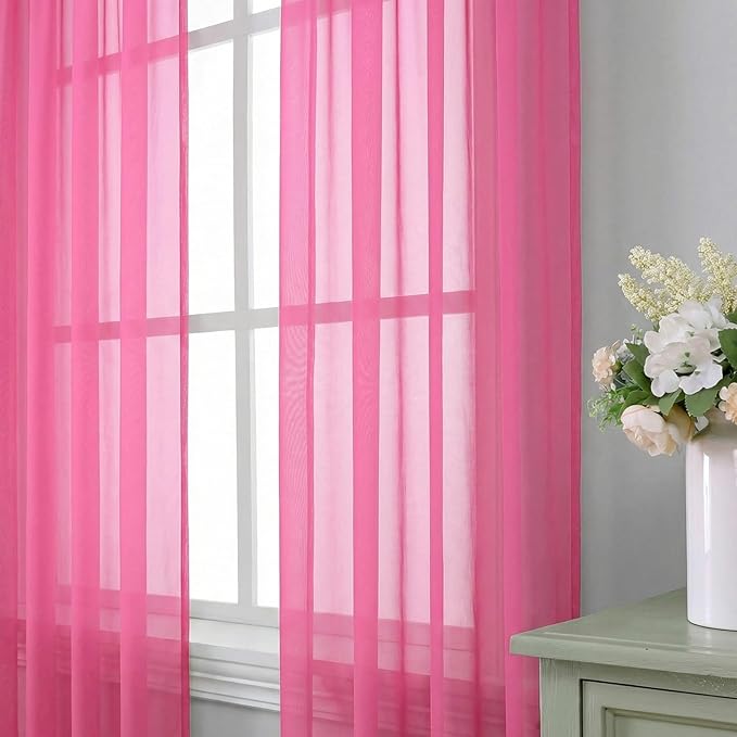 Aiyufeng Hot Pink Sheer Curtains 63 Inch Length 2 Panels Set for Living Room, Light Filtering Hot Pink Window Sheers Drapes for Bedroom, Each 42" W x 63" L