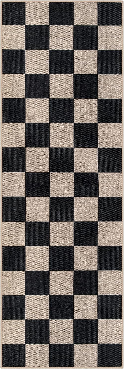 Lahome Colette Checkered Easy Jute Runner Rug, 2x6 Kitchen Runner Rug Non Slip Washable Outdoor Carpet for Entryway Indoor, Checkerboard Black Indoor Outdoor Carpet Runners for Hallway 6ft Entry