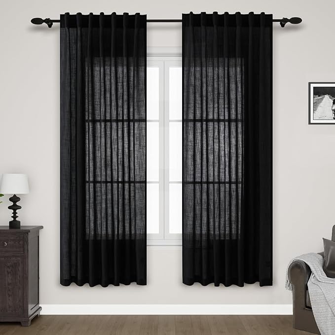 Nanspring Black Semi Sheer Linen Curtains 72 inch Length for Living Room Back Tab Rod Pocket Modern Farmhouse Coastal Decor Cotton Textured Gauze Curtains for Dining Room Office 52x72
