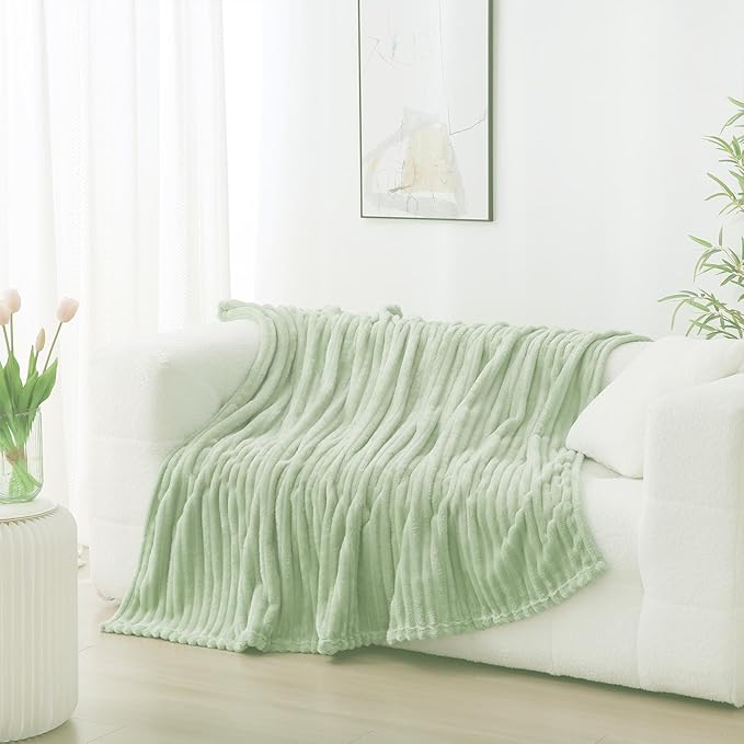 Cream Green Fleece Throw Blanket 60”×80” for Couch Sofa Bed,Super Soft Cozy Plush Microfiber Flannel Blanket with Stripes Design Lightweight for Adults,Woman,Girls