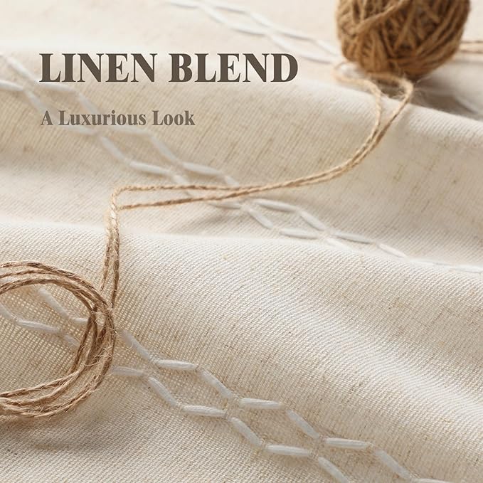 Boho Blackout Curtains 90 Inches Long Beige Linen Blend 2 Panels with Tassels and Cotton Embroidery, Farmhouse Vintage Rustic Rod Pocket Drapes for Living Room or Bedroom