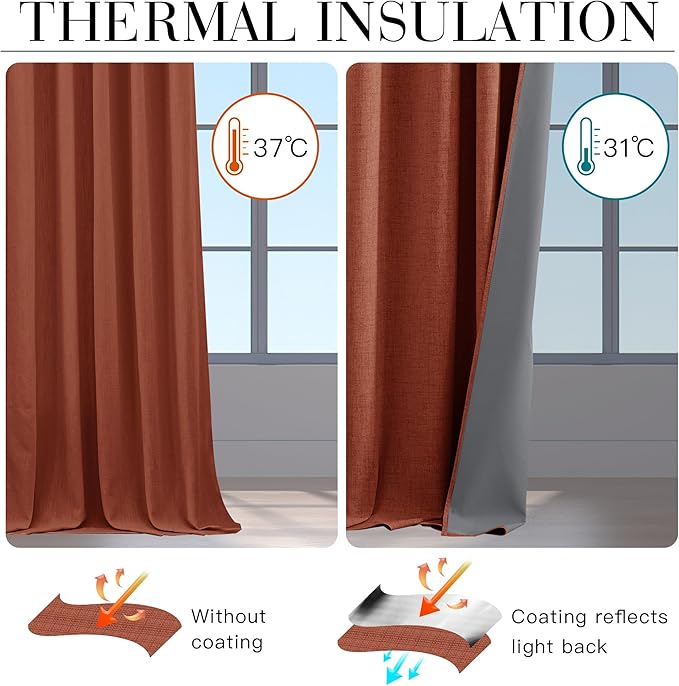 RYB HOME 100% Blackout Linen Textured Curtains 96 inches Long, Insulating Privacy Energy Saving for Bedroom Living Room Window Office Theater Dining Nursery, W 52 x L 96 in, Terracotta, 2 Panels