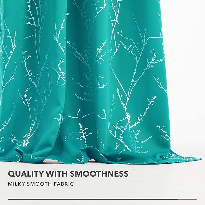 Deconovo Blackout Curtains, Thermal Insulated Soundproof Drapes with Tree Foil Print, 52 x 63 Inch, Set of 2, Machine Washable Window Curtain for Bedroom Living Room Nursery Kitchen Office, Turquoise