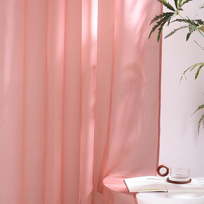 NICETOWN Living Room Coral Pink Sheer Curtains 96 inch Length, Grommet Airy Voile Sheer Drapes Casual Light Filtering Window Treatments for Girls Room, W54 x L96, 2 Panels
