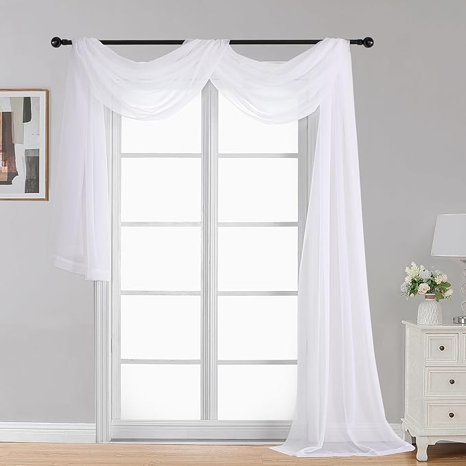 OWENIE Extra Long White Sheer Curtains 144 inch 2 Panels Set, Translucent Backdrop Window Scarf Drapes for Canopy Bed/Wedding/Living Room/Anniversary, 12FT Length, Each 59Wx144L in, 2PCS, White