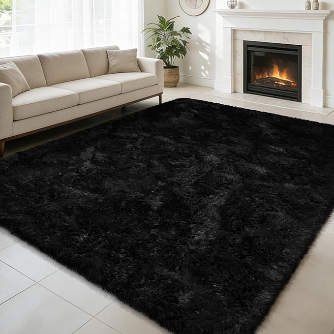 Ultra Soft Fluffy Area Rugs for Bedroom Living Room 10x14, Nursery Rug, Non-Slip Carpet for Kids Dorms Decor, Shaggy Bedside Rug, Black