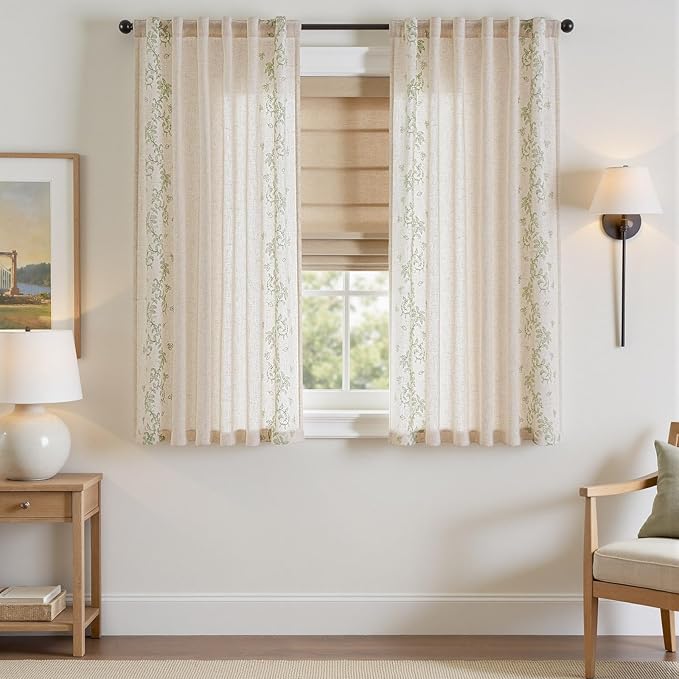 jinchan Evelyn Embroidered Linen Curtains 63 inch Floral Curtains for Living Room Bedroom Farmhouse Cottagecore Semi Sheer Light Filtering Window Drapes Rod Pocket 2 Panels W50 x L63 Sage Green