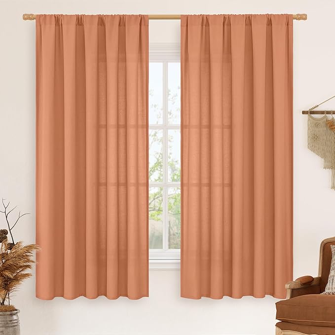 LAMIT Linen Blended Window Curtains 63 inch Length for Bedroom, Soft Thick Light Filtering Curtain Panles with Rod Pocket Privacy Drapes for Living Room, 2 Panels Set, 52 x 63 Inch, Terracotta
