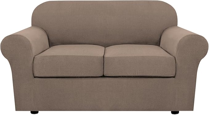 H.VERSAILTEX 3 Piece Stretch Sofa Covers for 2 Cushion Loveseat Couch Covers for Living Room Sofa Slipcovers (Base Cover Plus 2 Seat Cushion Covers) Jacquard Fabric (Medium Sofa, Macchiato)