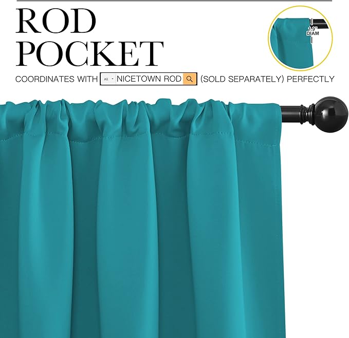 NICETOWN Peacock Blue Blackout Curtains Panels for Window, Thermal Insulated Rod Pocket Blackout Drapes/Draperies for Living Room (2 Panels, W34 x L45 inches)