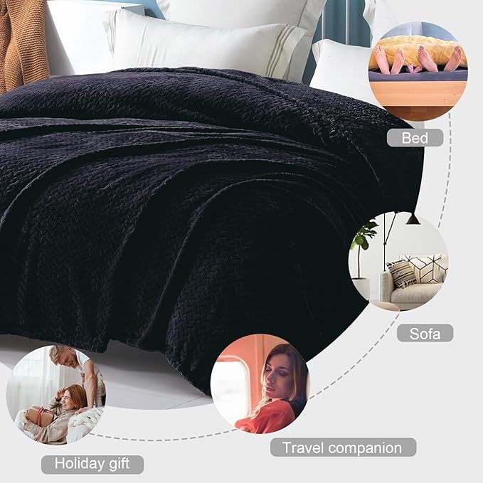 Exclusivo Mezcla Fleece Queen Size Blanket for Bed, 90x90 Inches Soft Cozy Jacquard Flannel Blankets, Lightweight Fuzzy Plush Warm for Women, Black