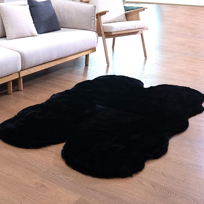 Ghouse Soft Faux Sheepskin Fur Rug 4x6 Black Fluffy Bedside Rugs Plush Rug Shag Nursery Carpet Area Rugs for Living Room Bedroom Playing Room Decor