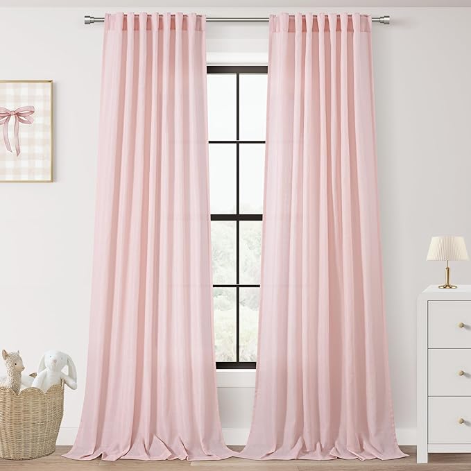 Blush Pink Semi Sheer Linen Curtains for Girls Bedroom Room 96 Inches Long Light Filtering Back Tab Curtain Living Room Farmhouse Linen Look Shiny Sheer Drapes Baby Pink 52ﾗ96 Inch