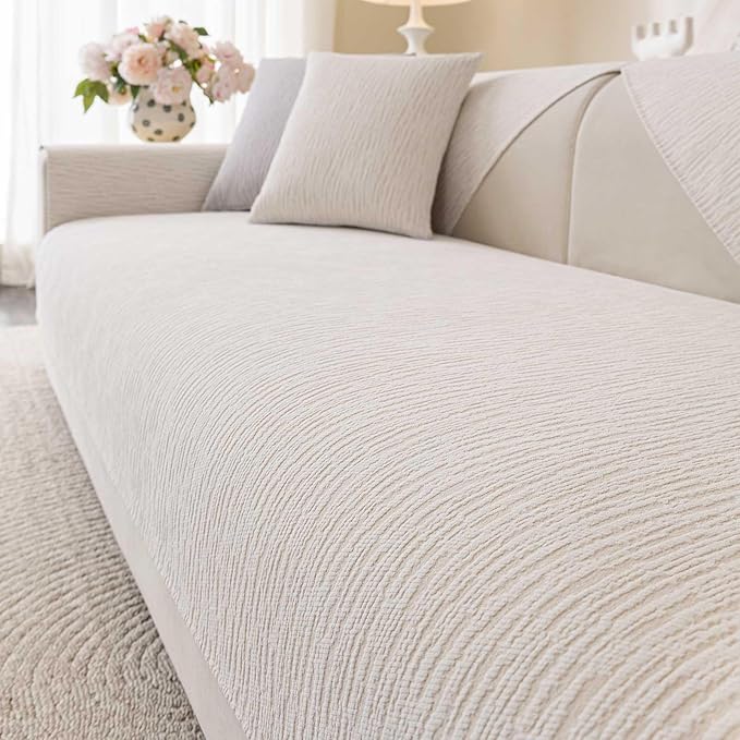 Soft Waterproof Chenille Cover Washable, Non Slip Sectional Sofa Covers for 3 Cushion Couch Sofa L Sharped Sofa Slipcover for Pets, Furniture Protector (1 PCS 36"x82" White)
