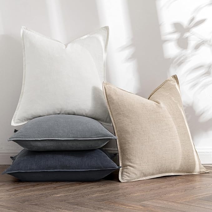 MIULEE Neutral Cream/Gray Linen Pillow Covers Pack of 4 Decorative Natural Solid Throw Pillow Covers Soft Accent Boho Farmhouse Couch Pillowcases Modern Home Decors for Living Room Bed Sofa 18x18 Inch