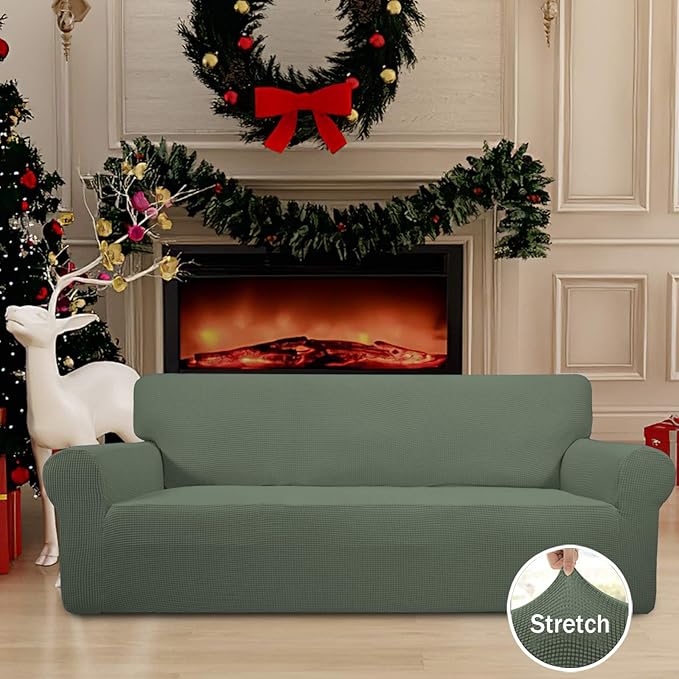 Easy-Going Stretch Sofa Slipcover 1-Piece Sofa Cover Furniture Protector Couch Soft with Elastic Bottom for Kids, Polyester Spandex Jacquard Fabric Small Checks (Sofa, Greyish Green)