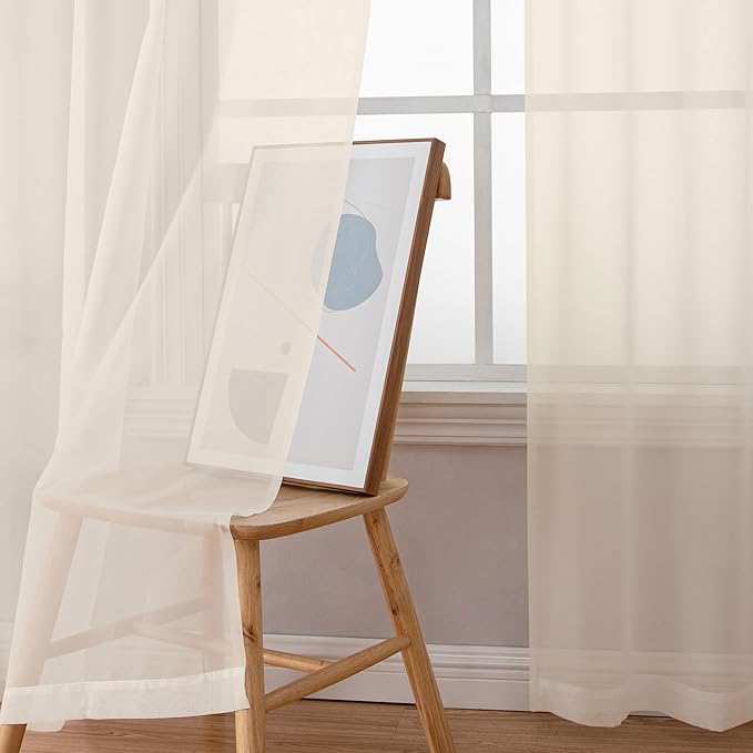 Chyhomenyc Cream Sheer Curtains 96 Inches Long - Light Filtering Solid Voile Window Panel Drapes for Bedroom, Elegant Soft Breathable Living Room Sheer Curtains, Each 42Wx96L Inch, 2 Panels