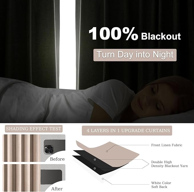 96 inch long blackout window curtains 2 Panels for bedroom 100% Black out Linen texture Curtain Vintage Farmhouse Drapes with Back Tab Rod Pocket Pinch pleated Thermal Insulated Panel for Living Room