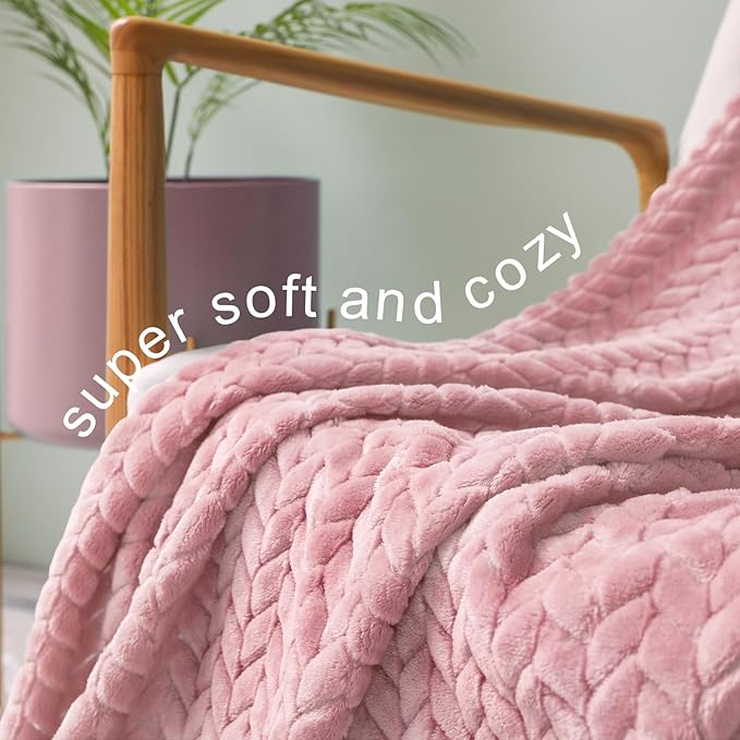 Exclusivo Mezcla Fleece Queen Size Blanket for Bed, 90x90 Inches Soft Cozy Jacquard Flannel Blankets, Lightweight Fuzzy Plush Warm for Women, Pink