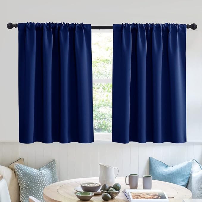 RYB HOME Short Blackout Curtains for Small Window, Sunmmer Heat Light Blocking Privacy Protection Curtains for Sunroom Laundry Room Stair Window, Width 52 by Length 36, Marine Blue, Set of 2