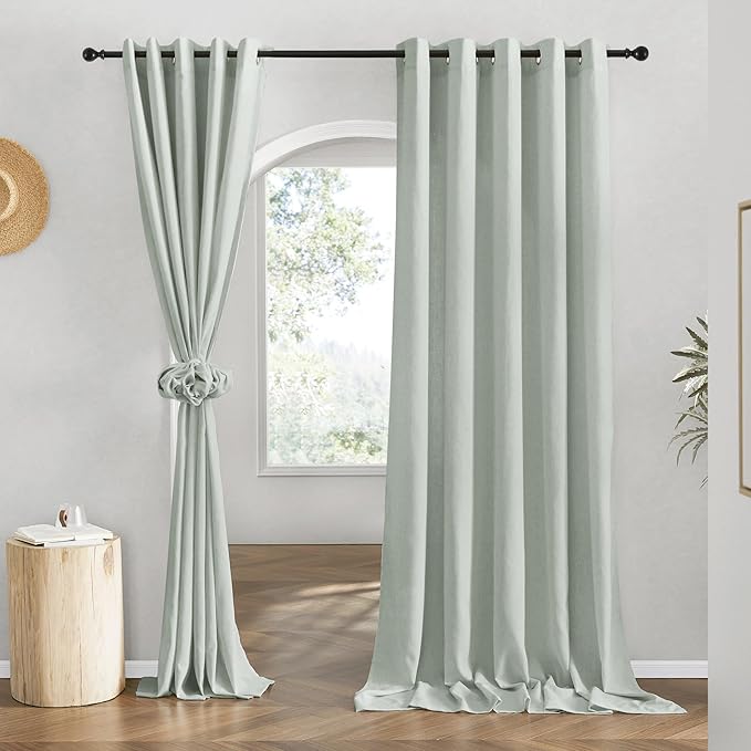 NICETOWN Flax Sage Green Linen Curtains for Room Divider, Grommet Top Thick Flax Semi Sheer Vertical Drapes Privacy Assured with Light Filtering for Sliding Glass Door, W68 x L84, 2 Pieces