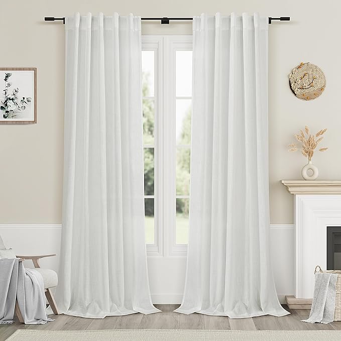 Off White Linen Curtains 96 Inches Long 2 Panels Set Back Tab Rod Pocket Semi Sheer Light Filtering Window Curtain Drapes Neutral Modern Aesthetic Long Curtains for Living Room Bedroom Decor 40x96