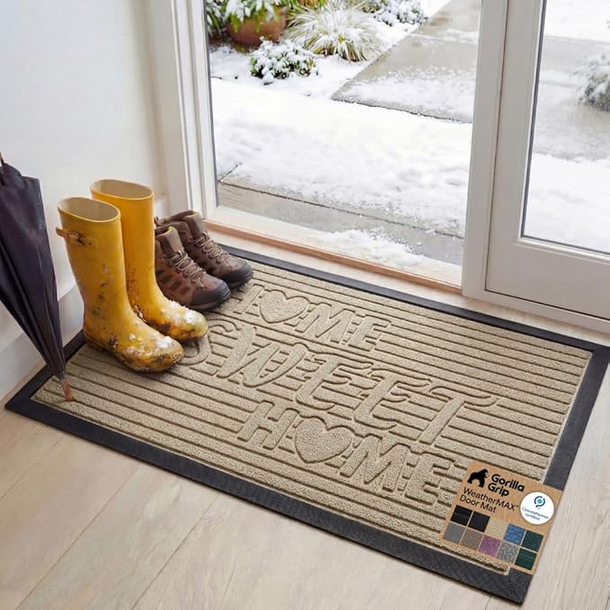 GORILLA GRIP 100% Waterproof All-Season WeatherMAX Doormat, 47x35, US Designed Natural Rubber, Stain and Fade Resistant, Low Profile Indoor Outdoor Door Mats, Easy Clean Patio Mat, Home Sweet Home