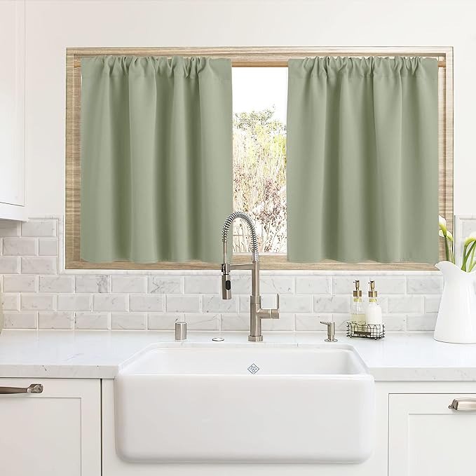 RYB HOME Cafe Blackout Curtains 24 inch Length, RV Curtains for Camper Windows, Mini Short Small Insulating Light UV Blocking Privacy Half Window Tiers, Width 42 by Length 24, Sage Green, 2 Panels