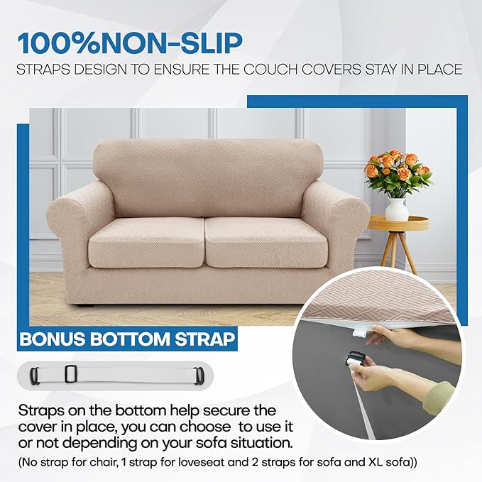 XINEAGE 2026 New 4 Pieces Extra Large Couch Covers for 3 Cushion Sofa Super Stretch Sofa Cover for 3 Large Seat Cushion Universal Slip Cover for Living Room (Khaki), 91"-110"(3 Cushions)