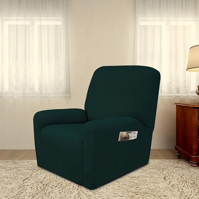 PureFit Super Stretch Chair Sofa Slipcover with Pocket – Spandex Non Slip Soft Couch Sofa Cover, Washable Furniture Protector with Elastic Bottom for Kids, Pets （Recliner, Deep Teal）