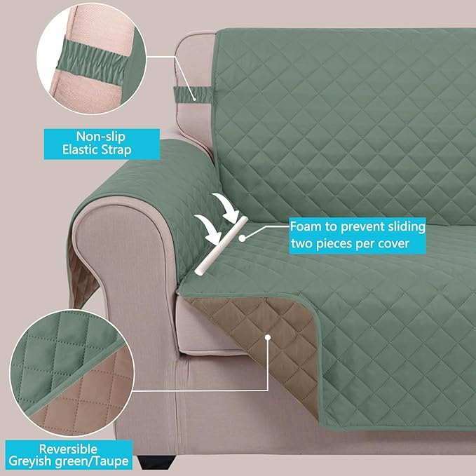 U-NICE HOME Loveseat Sofa Cover Reversible Couch Cover for Dogs with Elastic Straps Water Resistant Furniture Protector for Pets Couch Cover for 2 Cushion Couch (Loveseat, Greyish Green/Taupe)