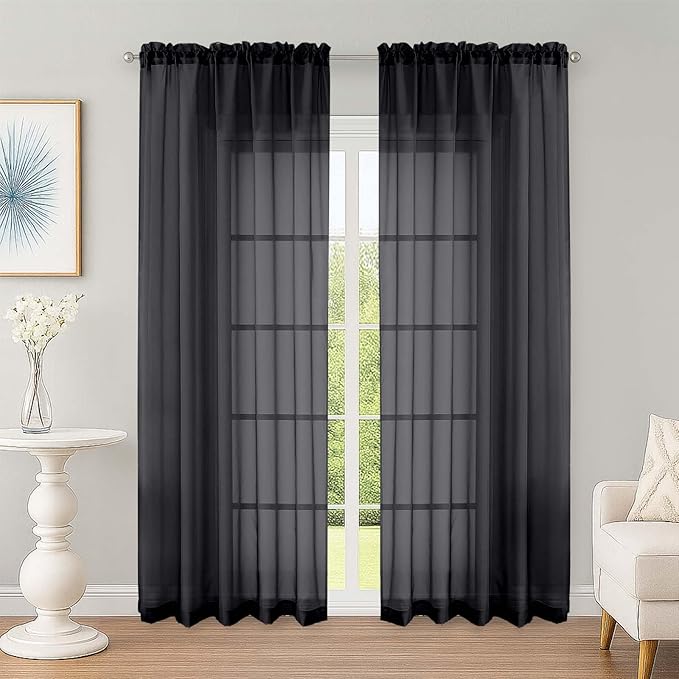 OWENIE Sheer Curtains 84 Inches Long 2 Panels Set, Black Sheer Curtain for Living Room Bedroom, Modern Filmy Rod Pocket Curtains Drapes, 2 Pcs, Each 59 W x 84L, Black