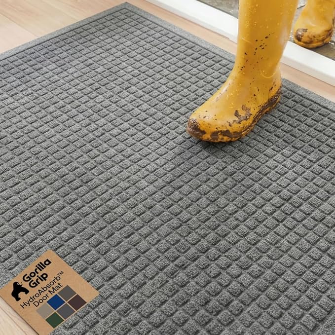 GORILLA GRIP® Ultra Absorbent Front Door Mat Outside Entrance, Traps Dirt and Moisture, HydroABSORB Indoor Outdoor Doormat Holds Up to 1.7 Cups Water, Stain and Fade Resistant Welcome Mat, 29x17, Grey
