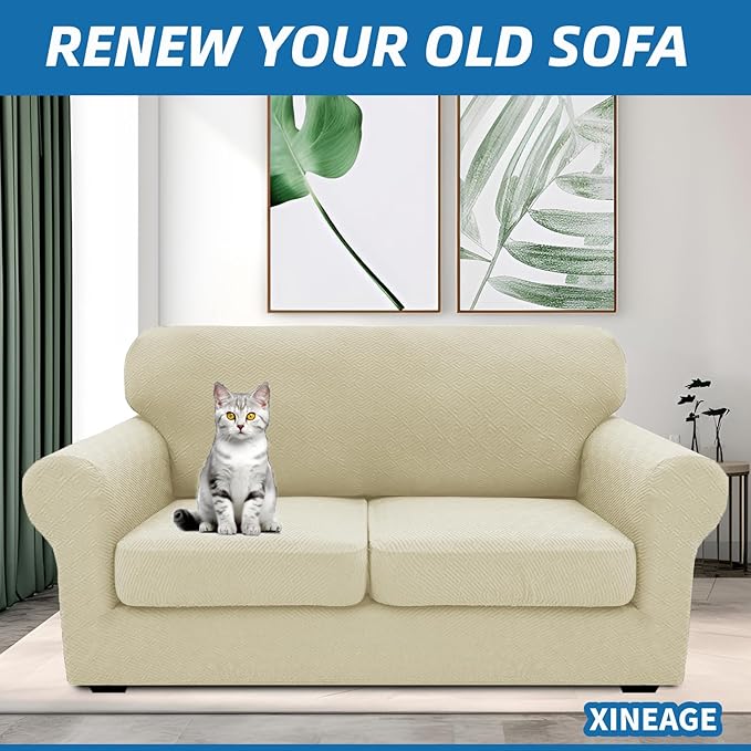 XINEAGE New 3 Pieces Couch Covers for 2 Cushion Sofa Super Stretch Loveseat Slipcover Pet Dog Universal Slip Cover Anti Slip Love Seat Furniture Protector (Light Beige, 55"-69")