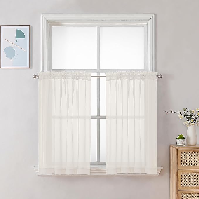 Chyhomenyc Ivory Sheer Curtains 30 inch Length 2 Panels, Light Filtering Voile Rod Pocket Short Window Curtians for Bathroom Living Room Farmhouse Small Windows, 42Wx30L inches