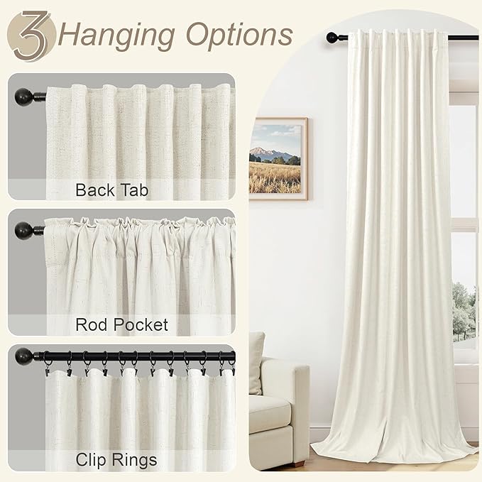 100 Inch Curtains Blackout for Bedroom Cooling Black Out Large Window Linen Look Custom Length 100 Inches Long Neutral Cream Colored Sound Proof Heat Blocking Thermal Drapes for Living Room Dorm 2Pcs