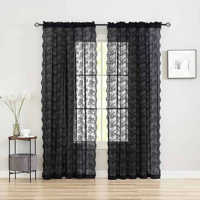 YJ YANJUN Vintage Lace Curtains 90 Inches Long- Victorian Floral Pattern Black Sheer Curtain Panels for Living Room Bedroom,Light Filtering, Gothic Witchy Halloween Drapes 2 Panels 52W x 90L
