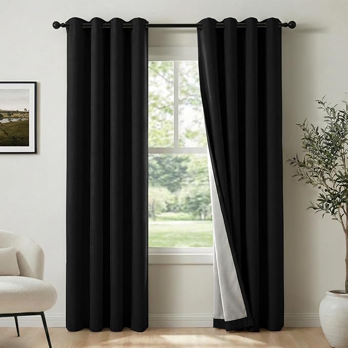 100% Blackout Shield Linen Blackout Curtains for Bedroom, Black Grommet Curtains for Living Room, Thermal Insulated Room Darkening Drapes for Nursery, Boho Home Decor, 50" W x 108" L, 2 Panels