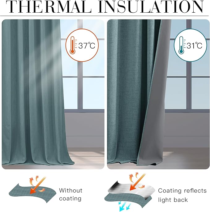 RYB HOME 100% Blackout Linen Textured Curtains 90 inches Long, Thermal Insulating Privacy Energy Saving for Bedroom Living Room Window Office Theater Baby Nursery, W 52 x L 90 in, Misty Blue, 2 Pcs