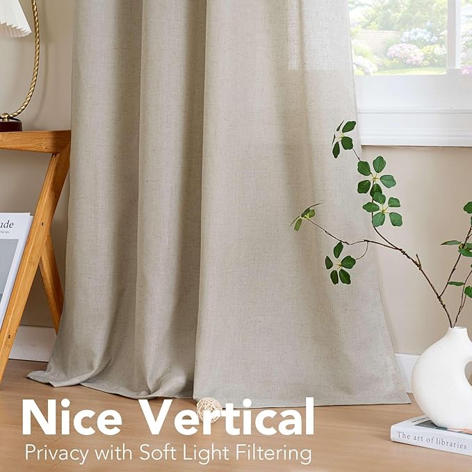 H.VERSAILTEX Living Room Linen Curtains - Semi Sheer, Nickel Grommet Energy Saving Light Filtering Window Treatments Panels for Bedroom, Oatmeal, 2 Panels, 52 x 96 Inch