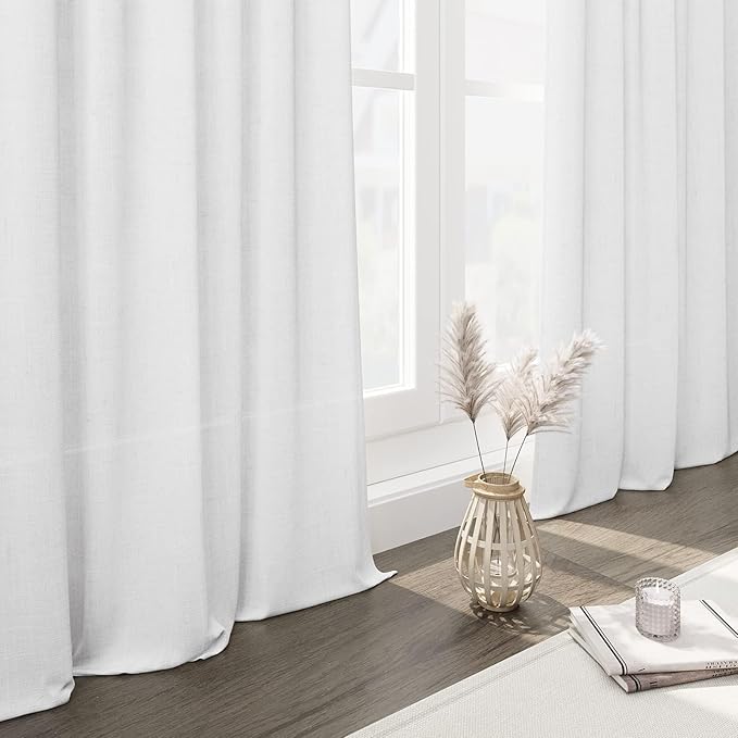 Nanspring 48 Inch Linen Curtains, White Light Filtering Curtain Back Tab and Rod Pocket Neutral Modern Farmhouse Coastal Decor Curtains for Living Room Bedroom 34 x 48 Inch, 2 Panels