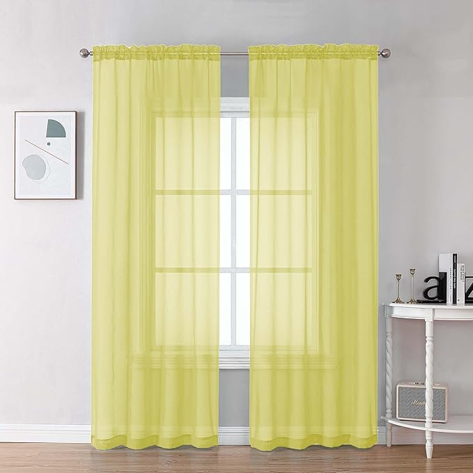 Chyhomenyc Sheer Lemon Curtains 90 inches Long 2 Panels, Light Filtering Soft Airy Solid Elegant Voile Window Treatment Drapes for Bedroom Living Room, 42Wx90L Inches